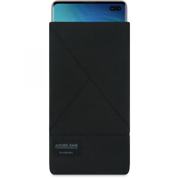 The picture shows the front of Triangle Sleeve for Samsung Galaxy S10 Plus in color Black; As an illustration, it also shows what the compatible device looks like in this bag