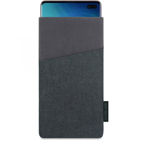 Das Bild zeigt die Vorderseite von Clive Tasche für Samsung Galaxy S10 Plus in Farbe Schwarz / Grau; Zur Veranschaulichung wird ebenfalls dargestellt, wie das kompatible Gerät in dieser Tasche aussieht