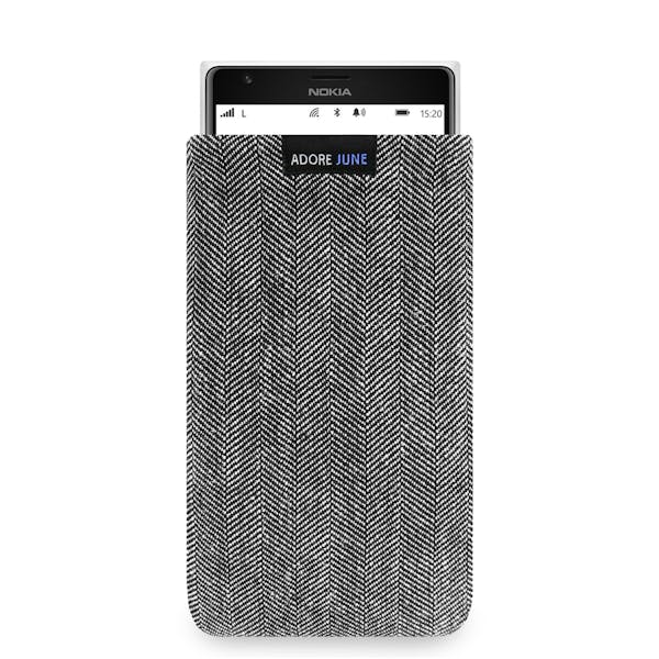 Das Bild zeigt die Vorderseite von Business Tasche für Nokia Lumia 1520 in Farbe Grau / Schwarz; Zur Veranschaulichung wird ebenfalls dargestellt, wie das kompatible Gerät in dieser Tasche aussieht