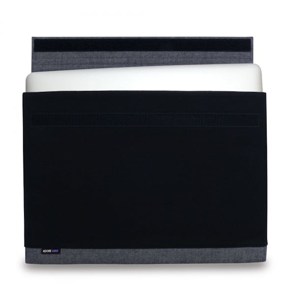 The picture shows the front of Bold Sleeve for Apple MacBook Pro 13 2012-2015 in color Grey / Black; As an illustration, it also shows what the compatible device looks like in this bag
