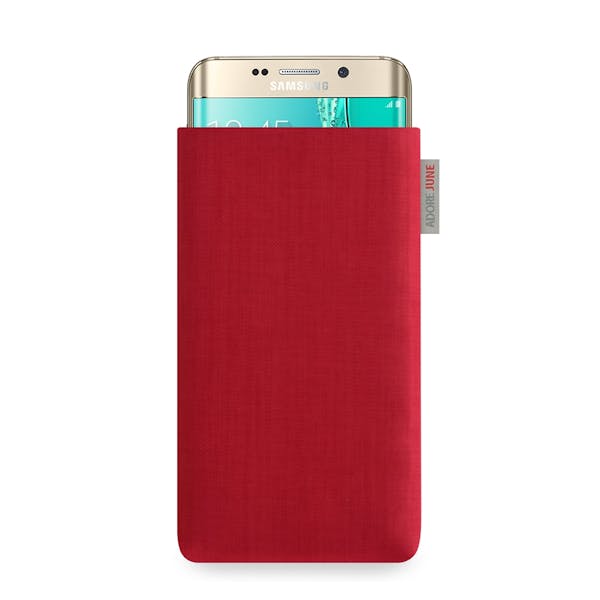Das Bild zeigt die Vorderseite von Classic Tasche für Samsung Galaxy S6 Edge Plus in Farbe Rot; Zur Veranschaulichung wird ebenfalls dargestellt, wie das kompatible Gerät in dieser Tasche aussieht