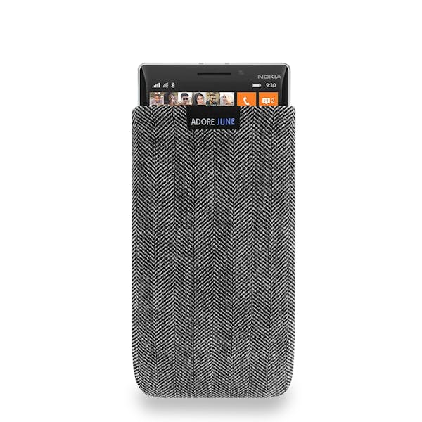 The picture shows the front of Business Sleeve for Nokia Lumia 930 in color Grey / Black; As an illustration, it also shows what the compatible device looks like in this bag