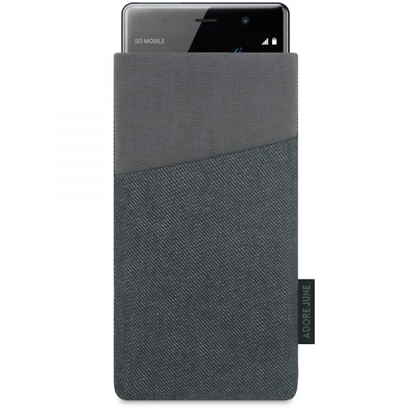 The picture shows the front of Clive Sleeve for Sony Xperia XZ2 Premium in color Black / Grey; As an illustration, it also shows what the compatible device looks like in this bag