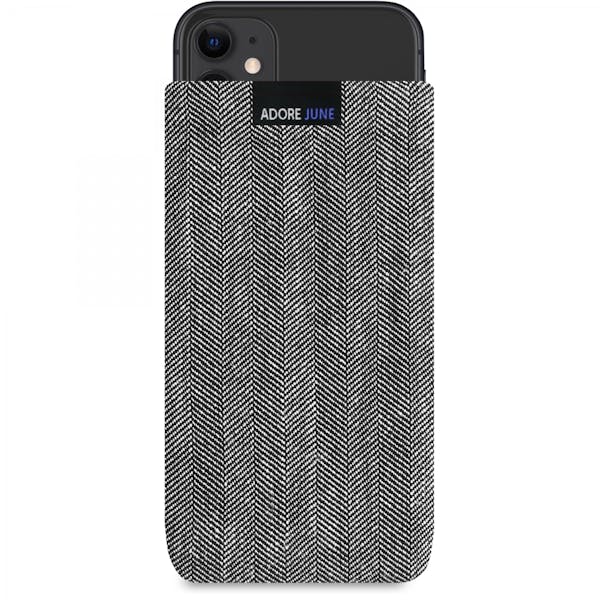 The picture shows the front of Business Sleeve for Apple iPhone 11 in color Grey / Black; As an illustration, it also shows what the compatible device looks like in this bag