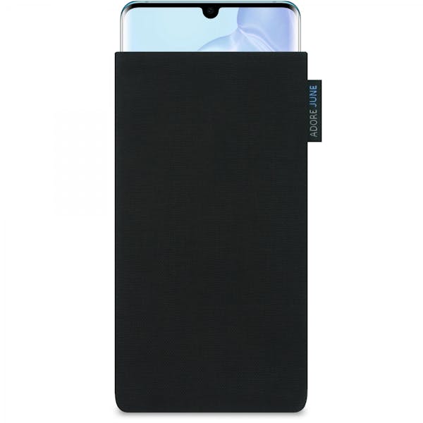 The picture shows the front of Classic Sleeve for Huawei P30 PRO in color Black; As an illustration, it also shows what the compatible device looks like in this bag