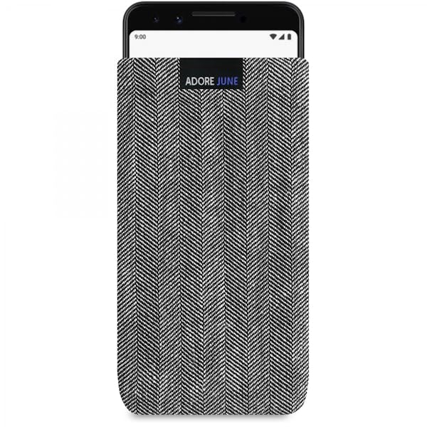 Das Bild zeigt die Vorderseite von Business Tasche für Google Pixel 3 in Farbe Grau / Schwarz; Zur Veranschaulichung wird ebenfalls dargestellt, wie das kompatible Gerät in dieser Tasche aussieht