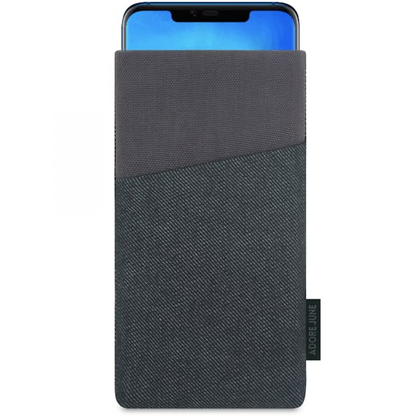 The picture shows the front of Clive Sleeve for Huawei Mate 20 Pro in color Black / Grey; As an illustration, it also shows what the compatible device looks like in this bag
