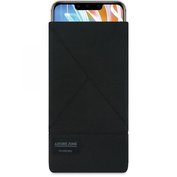 Das Bild zeigt die Vorderseite von Triangle Tasche für Huawei Mate 20 LITE in Farbe Schwarz; Zur Veranschaulichung wird ebenfalls dargestellt, wie das kompatible Gerät in dieser Tasche aussieht