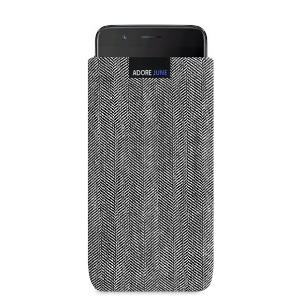 The picture shows the front of Business Sleeve for OnePlus 5 in color Grey / Black; As an illustration, it also shows what the compatible device looks like in this bag