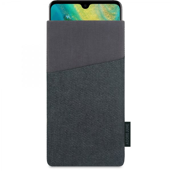The picture shows the front of Clive Sleeve for Huawei Mate 20 in color Black / Grey; As an illustration, it also shows what the compatible device looks like in this bag