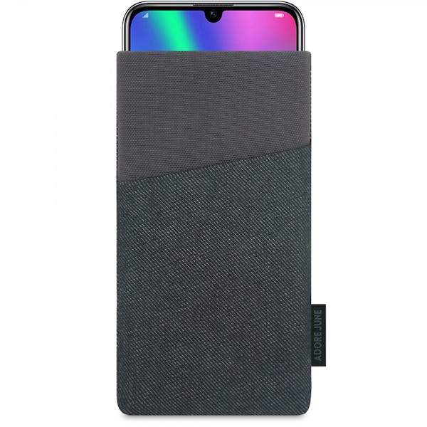 The picture shows the front of Clive Sleeve for Honor 20 Honor 20 Pro and Honor 10 LITE in color Black / Grey; As an illustration, it also shows what the compatible device looks like in this bag