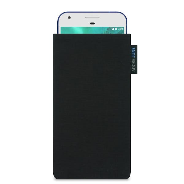 The picture shows the front of Classic Sleeve for Google Pixel in color Black; As an illustration, it also shows what the compatible device looks like in this bag