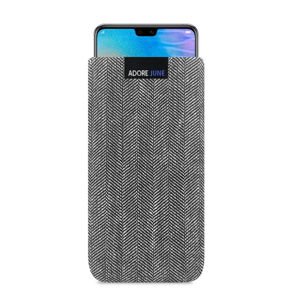 The picture shows the front of Business Sleeve for Huawei P20 and Huawei P20 Lite in color Grey / Black; As an illustration, it also shows what the compatible device looks like in this bag