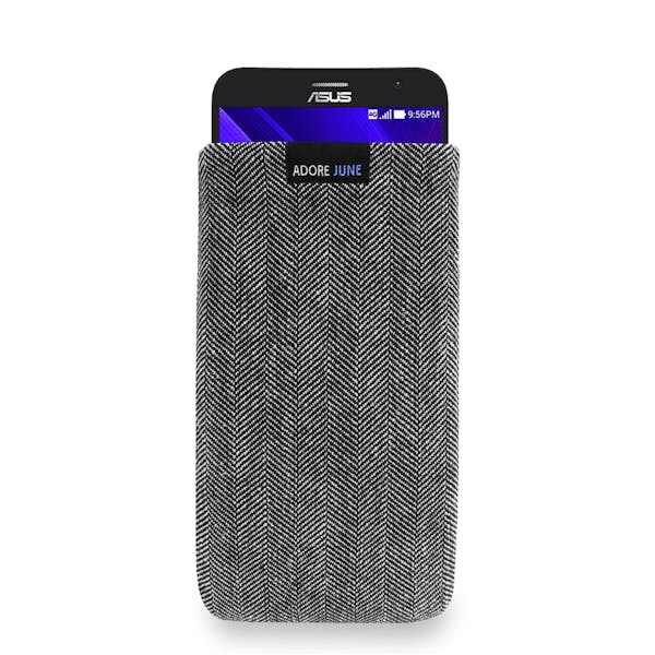 Das Bild zeigt die Vorderseite von Business Tasche für Asus ZenFone 2 in Farbe Grau / Schwarz; Zur Veranschaulichung wird ebenfalls dargestellt, wie das kompatible Gerät in dieser Tasche aussieht