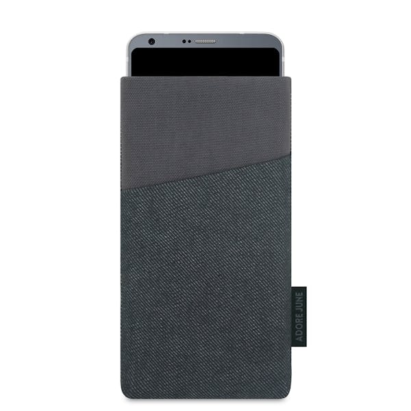 Das Bild zeigt die Vorderseite von Clive Tasche für LG G6 in Farbe Schwarz / Grau; Zur Veranschaulichung wird ebenfalls dargestellt, wie das kompatible Gerät in dieser Tasche aussieht