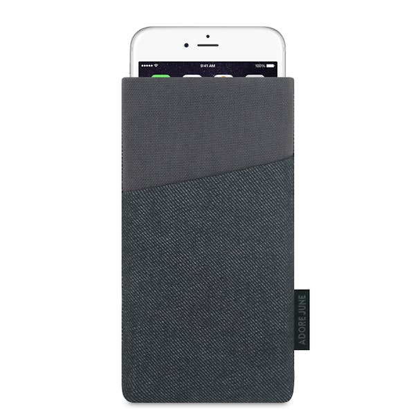 Das Bild zeigt die Vorderseite von Clive Tasche für Apple iPhone 6 6S und iPhone 7 in Farbe Schwarz / Grau; Zur Veranschaulichung wird ebenfalls dargestellt, wie das kompatible Gerät in dieser Tasche aussieht