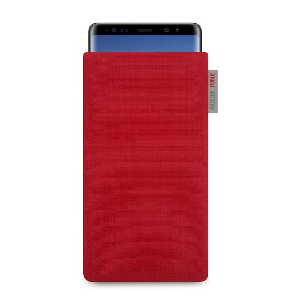 Das Bild zeigt die Vorderseite von Classic Tasche für Samsung Galaxy Note 8 in Farbe Rot; Zur Veranschaulichung wird ebenfalls dargestellt, wie das kompatible Gerät in dieser Tasche aussieht