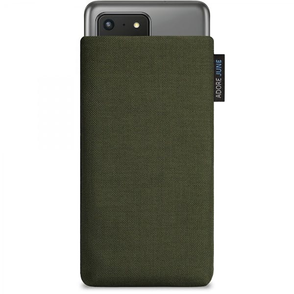 Das Bild zeigt die Vorderseite von Classic Tasche für Samsung Galaxy S20 Ultra in Farbe Oliv-Grün; Zur Veranschaulichung wird ebenfalls dargestellt, wie das kompatible Gerät in dieser Tasche aussieht