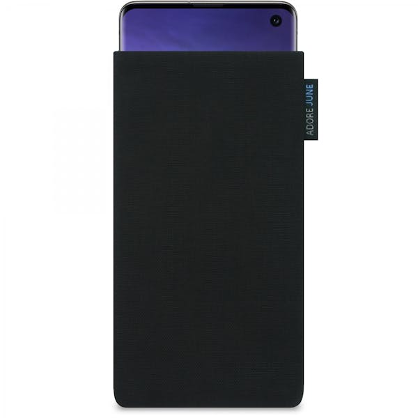 Das Bild zeigt die Vorderseite von Classic Tasche für Samsung Galaxy S10 in Farbe Schwarz; Zur Veranschaulichung wird ebenfalls dargestellt, wie das kompatible Gerät in dieser Tasche aussieht