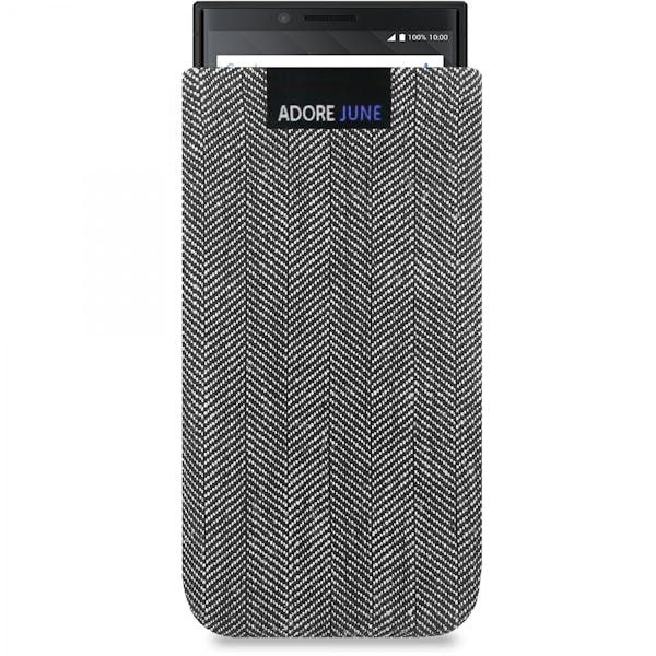 Das Bild zeigt die Vorderseite von Business Tasche für BlackBerry Key2 und Key2 LE in Farbe Grau / Schwarz; Zur Veranschaulichung wird ebenfalls dargestellt, wie das kompatible Gerät in dieser Tasche aussieht