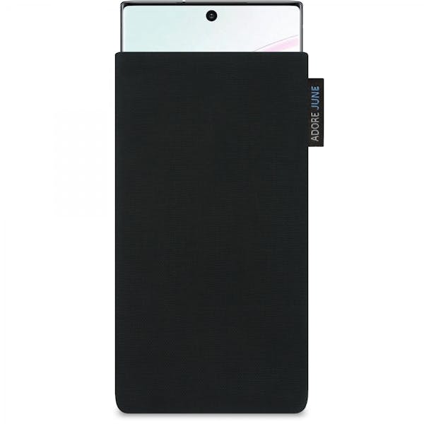 Das Bild zeigt die Vorderseite von Classic Tasche für Samsung Galaxy Note 10+ in Farbe Schwarz; Zur Veranschaulichung wird ebenfalls dargestellt, wie das kompatible Gerät in dieser Tasche aussieht