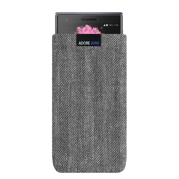 Das Bild zeigt die Vorderseite von Business Tasche für BlackBerry Motion in Farbe Grau / Schwarz; Zur Veranschaulichung wird ebenfalls dargestellt, wie das kompatible Gerät in dieser Tasche aussieht