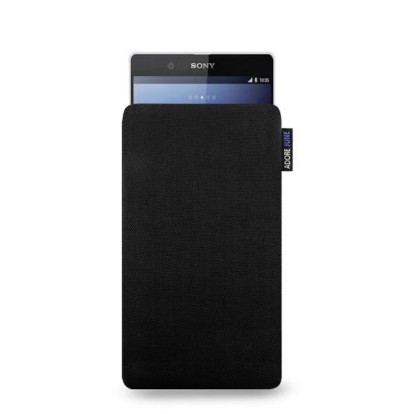 The picture shows the front of Classic Sleeve for Sony Xperia Z2 in color Black; As an illustration, it also shows what the compatible device looks like in this bag