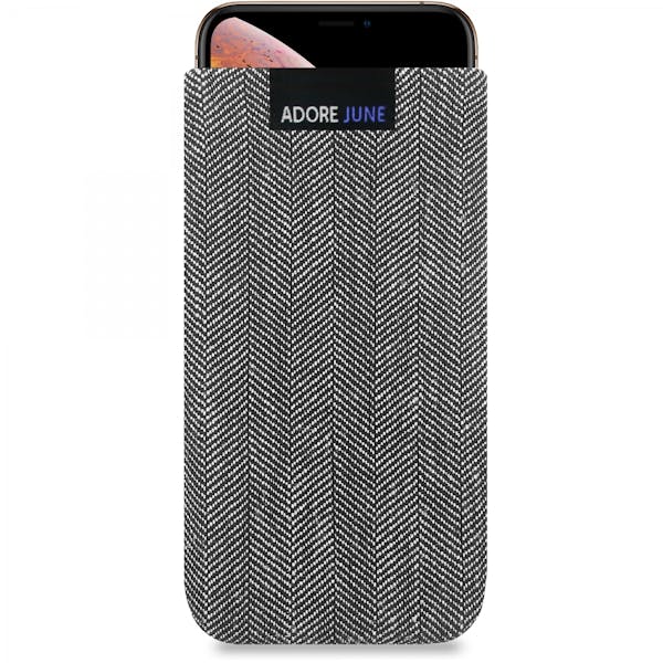 Das Bild zeigt die Vorderseite von Business Tasche für Apple iPhone X und iPhone Xs in Farbe Grau / Schwarz; Zur Veranschaulichung wird ebenfalls dargestellt, wie das kompatible Gerät in dieser Tasche aussieht