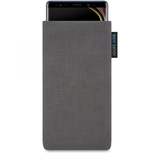 The picture shows the front of Classic Sleeve for Samsung Galaxy Note 9 in color Dark Grey; As an illustration, it also shows what the compatible device looks like in this bag