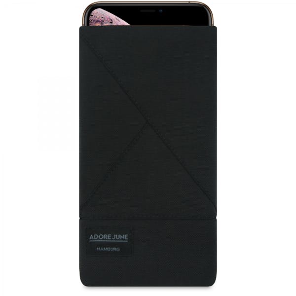 The picture shows the front of Triangle Sleeve for Apple iPhone Xs Max in color Black; As an illustration, it also shows what the compatible device looks like in this bag