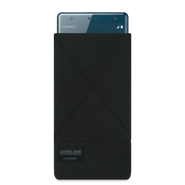 Das Bild zeigt die Vorderseite von Triangle Tasche für Sony Xperia XZ2 in Farbe Schwarz; Zur Veranschaulichung wird ebenfalls dargestellt, wie das kompatible Gerät in dieser Tasche aussieht