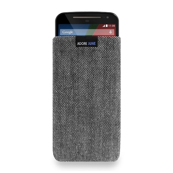 Das Bild zeigt die Vorderseite von Business Tasche für Motorola Moto G 2014 2. Gen in Farbe Grau / Schwarz; Zur Veranschaulichung wird ebenfalls dargestellt, wie das kompatible Gerät in dieser Tasche aussieht