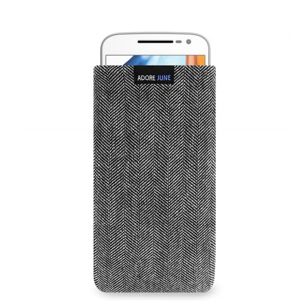 The picture shows the front of Business Sleeve for Motorola Moto G4 and Moto G4 Plus in color Grey / Black; As an illustration, it also shows what the compatible device looks like in this bag