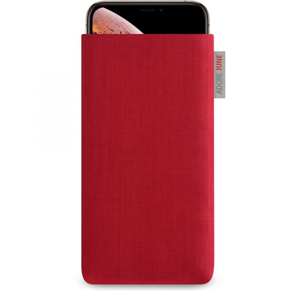 Das Bild zeigt die Vorderseite von Classic Tasche für Apple iPhone X und iPhone XS in Farbe Rot; Zur Veranschaulichung wird ebenfalls dargestellt, wie das kompatible Gerät in dieser Tasche aussieht