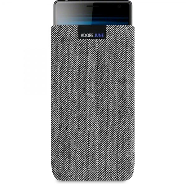 The picture shows the front of Business Sleeve for Sony Xperia 10 Plus and Xperia 1 in color Grey / Black; As an illustration, it also shows what the compatible device looks like in this bag