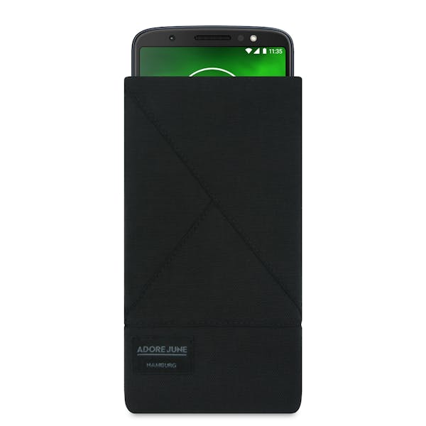 The picture shows the front of Triangle Sleeve for Motorola Moto G6 Plus in color Black; As an illustration, it also shows what the compatible device looks like in this bag