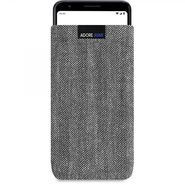 Das Bild zeigt die Vorderseite von Business Tasche für Google Pixel 3a XL in Farbe Grau / Schwarz; Zur Veranschaulichung wird ebenfalls dargestellt, wie das kompatible Gerät in dieser Tasche aussieht
