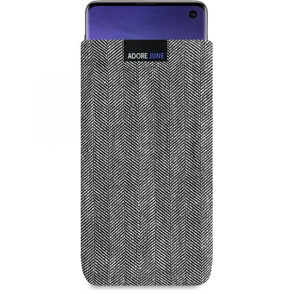 Das Bild zeigt die Vorderseite von Business Tasche für Samsung Galaxy S10 in Farbe Grau / Schwarz; Zur Veranschaulichung wird ebenfalls dargestellt, wie das kompatible Gerät in dieser Tasche aussieht