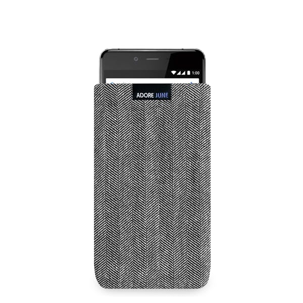 The picture shows the front of Business Sleeve for OnePlus X in color Grey / Black; As an illustration, it also shows what the compatible device looks like in this bag