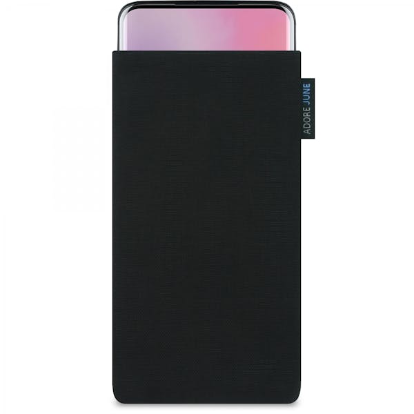Das Bild zeigt die Vorderseite von Classic Tasche für OnePlus 7 Pro und OnePlus 7T Pro in Farbe Schwarz; Zur Veranschaulichung wird ebenfalls dargestellt, wie das kompatible Gerät in dieser Tasche aussieht