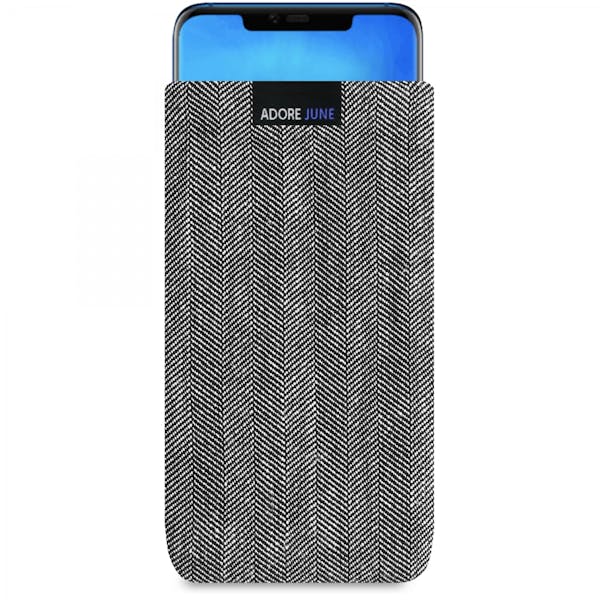 Das Bild zeigt die Vorderseite von Business Tasche für Huawei Mate 20 Pro in Farbe Grau / Schwarz; Zur Veranschaulichung wird ebenfalls dargestellt, wie das kompatible Gerät in dieser Tasche aussieht