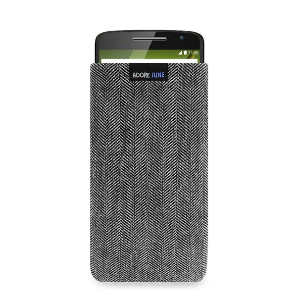The picture shows the front of Business Sleeve for Motorola Moto X Play in color Grey / Black; As an illustration, it also shows what the compatible device looks like in this bag
