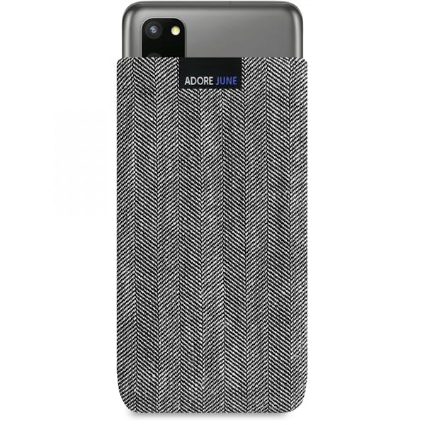 Das Bild zeigt die Vorderseite von Business Tasche für Samsung Galaxy S20 in Farbe Grau / Schwarz; Zur Veranschaulichung wird ebenfalls dargestellt, wie das kompatible Gerät in dieser Tasche aussieht
