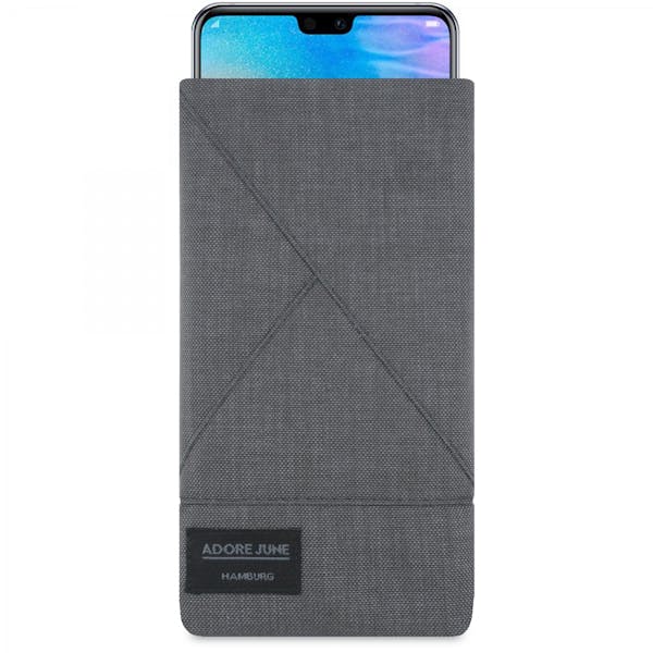 The picture shows the front of Triangle Sleeve for Huawei P20 and Huawei P20 Lite in color Dark Grey; As an illustration, it also shows what the compatible device looks like in this bag