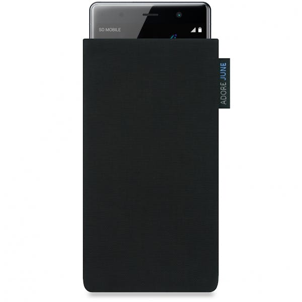 The picture shows the front of Classic Sleeve for Sony Xperia XZ2 Premium in color Black; As an illustration, it also shows what the compatible device looks like in this bag