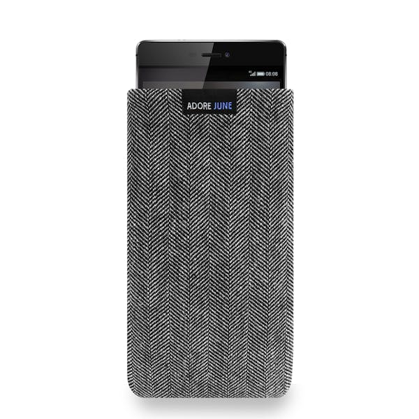 Das Bild zeigt die Vorderseite von Business Tasche für Huawei P8 in Farbe Grau / Schwarz; Zur Veranschaulichung wird ebenfalls dargestellt, wie das kompatible Gerät in dieser Tasche aussieht