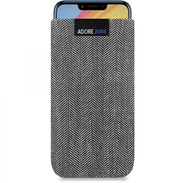 Das Bild zeigt die Vorderseite von Business Tasche für Honor Play in Farbe Grey / Glack; Zur Veranschaulichung wird ebenfalls dargestellt, wie das kompatible Gerät in dieser Tasche aussieht