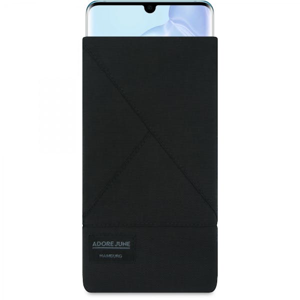Das Bild zeigt die Vorderseite von Triangle Tasche für Huawei P30 PRO in Farbe Schwarz; Zur Veranschaulichung wird ebenfalls dargestellt, wie das kompatible Gerät in dieser Tasche aussieht