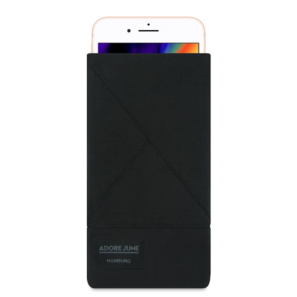 The picture shows the front of Triangle Sleeve for Apple iPhone 8 in color Black; As an illustration, it also shows what the compatible device looks like in this bag
