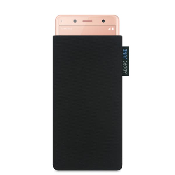 The picture shows the front of Classic Sleeve for Sony Xperia XZ2 Compact in color Black; As an illustration, it also shows what the compatible device looks like in this bag